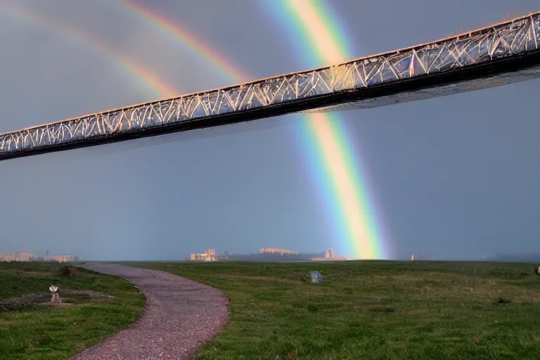 Prompt: Rainbow bridge leads through the horizon, landscape, trending on artstation