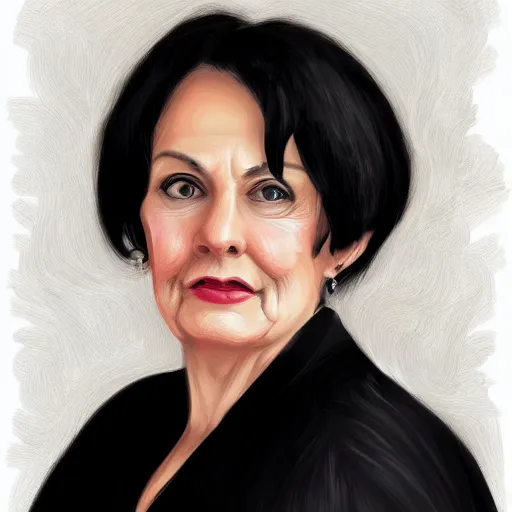 Prompt: a digital portrait of a 67 year old with black hair,hazel green eyes, drawn in the style of mark Arian