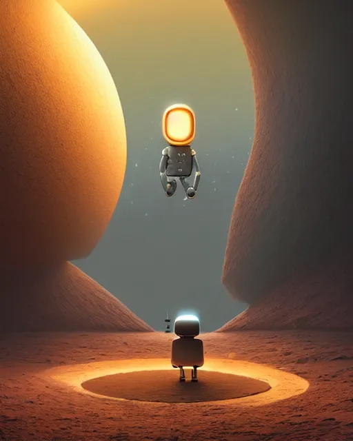 Image similar to gediminas pranckevicius, a robot standing in front of a glowy open door that's on a barren moon, poster art by mike winkelmann, trending on cg society, space art, sci - fi, ue 5, futuristic, volumetric lighting, light casting onto the ground, neat composition and camera angle