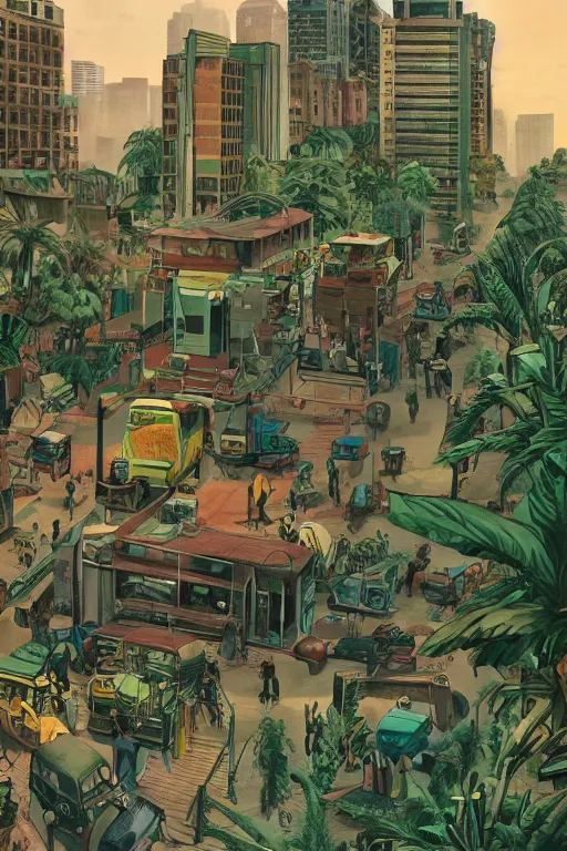 Prompt: full page comic book drawings of desolate city scenes urban jungle zoo on a hot summer evening, tropical color palette, by carel willink and gregory crewdson, comic book panels, octane render