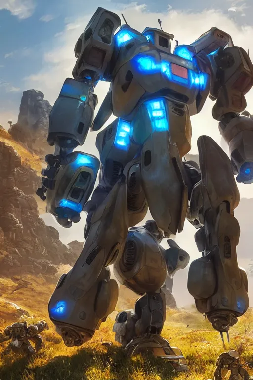 Image similar to mechwarrior 5 : mercenaries mech megaman transformer robot boss tank engine game octane render, 4 k, hd 2 0 2 2 3 d cgi rtx hdr style chrome reflexion glow fanart, global illumination ray tracing hdr fanart arstation by ian pesty by jesper ejsing pixar and disney unreal zbrush central hardmesh