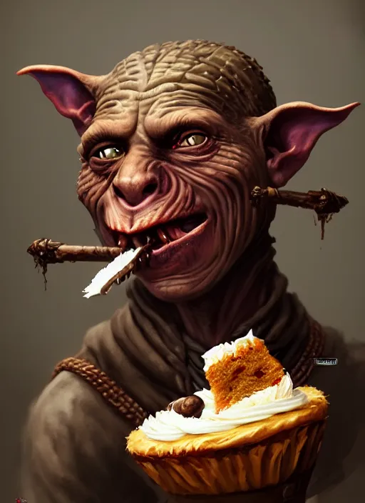 Image similar to portrait of a medieval goblin eating cakes, beautiful face, hyper realistic, highly detailed, digital painting, artstation, illustration, concept art by hyung tae and frank frazetta, digital paint, matte paint, washed colors, dark, gloomy