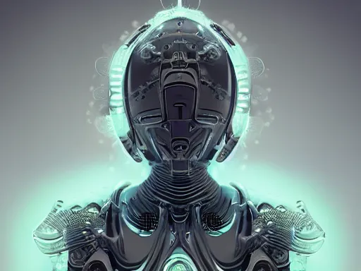 Image similar to a gray faceless figure, ascended, robot wizard, NPC with a saint\'s halo, saintly halo behind their head made of neon filigree, consulting the cyber oracle of all knowledge, at the end of time, in an esoteric ritual exchange of physical code, 8k, 4k, unreal 5, DAZ, trending on artstation, octane render, abstract painting, bright blue future