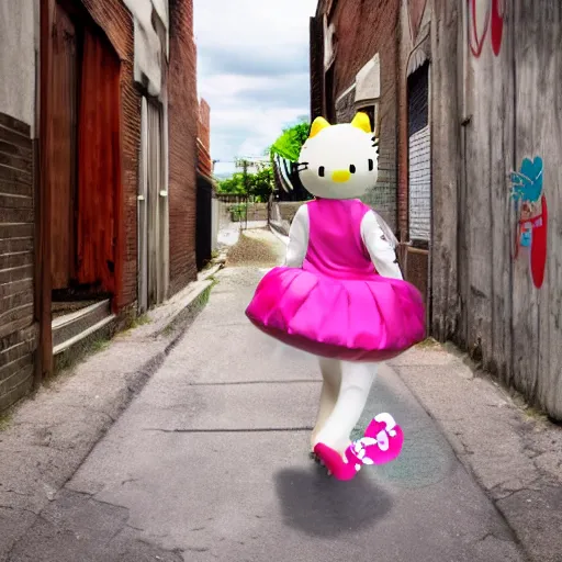 Prompt: photorealistic hello kitty walking towards camera in a littered dirty alley