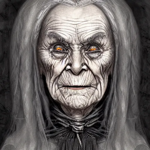 Image similar to portrait, old wrinkled witch. dark clothes. high detail, digital art, masterpiece, concept art, illustration