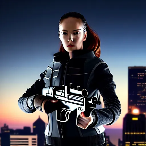 Image similar to photographic portrait of a techwear woman holding a shotgun, holding shotgun down, closeup, on the rooftop of a futuristic city at night, sigma 85mm f/1.4, 4k, depth of field, high resolution, full color, award winning photography, Kill Bill, John Wick, Die Hard, movies with guns, movie firearms, anatomically correct hands