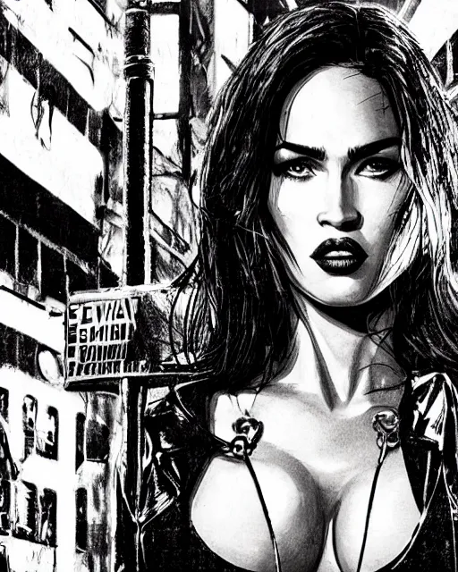 Image similar to film still from sin city, closeup portrait of megan fox private detective standing on a blade runner street corner, detailed illustration, digital art, trending on artstation, frank miller, martin ansin, comic book cover, film noir,