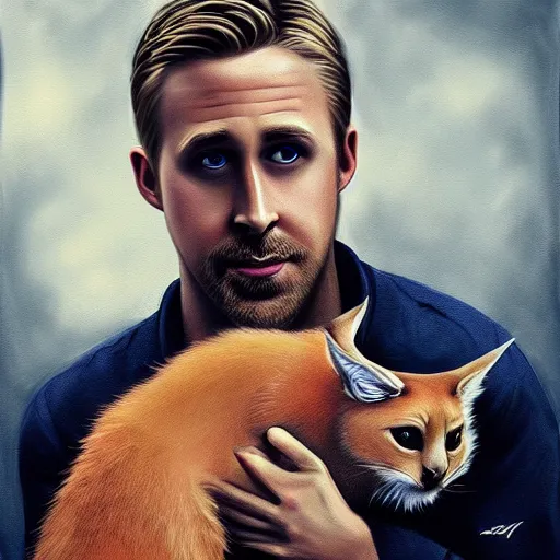 Image similar to Ryan Gosling holds a caracal cat in his hands, ultra highly detailed, smooth, sharp focus, digital art, digital painting, fan art, elegant, artstation