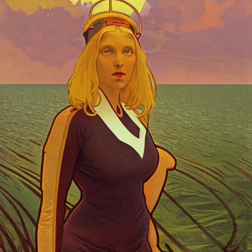 Image similar to unsettling rubbery mutant with thin lips and suspicious expression, wearing science fiction ss uniform by science fiction docks at sunset, by alphonse mucha, deak ferrand, simon stalenhag, and greg rutkowski