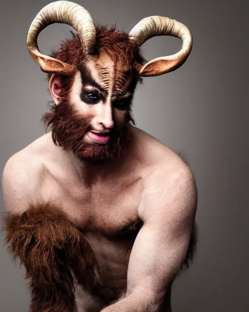 Prompt: actor Chris Evans in Elaborate Pan Satyr Goat Man Makeup and prosthetics designed by Rick Baker, Hyperreal, Head Shots Photographed in the Style of Annie Leibovitz, Studio Lighting