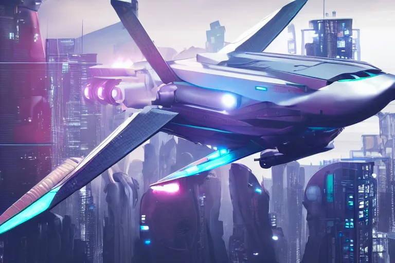 Prompt: cyberpunk alien concept inspired jet plane, futuristic look, highly detailed body, very powerful, photorealistic camera shot, bright studio setting, studio lighting, crisp quality and light reflections, unreal engine 5 quality render
