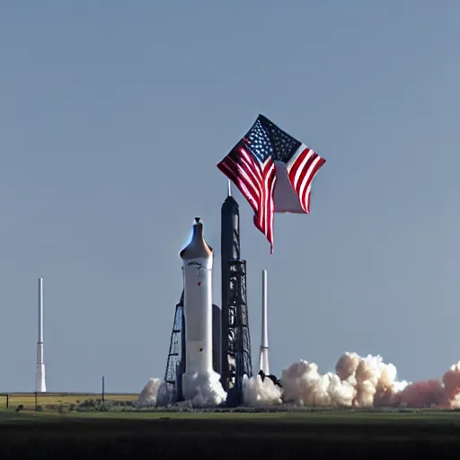 Prompt: The Space Launch System rocket in flight, eclipsed by the American Flag in the foreground, photorealistic
