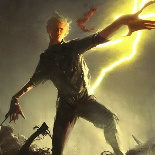 Image similar to a young slender man with short blonde hair blasting lightning bolts from his fingertips at his enemy in battle. detailed matte painting. masterpiece. 4 k. fantasy art. by craig mullins. franzetta. repin