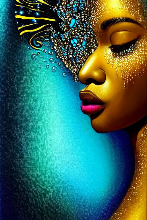 Image similar to hyperrealistic precisionist cinematic profile very expressive! black oshun goddess, sleeping in water!, mirror dripping droplet!, gold flowers, highly detailed face, digital art masterpiece, smooth eric zener cam de leon, dramatic pearlescent turquoise light on one side, low angle uhd 8 k, shallow depth of field