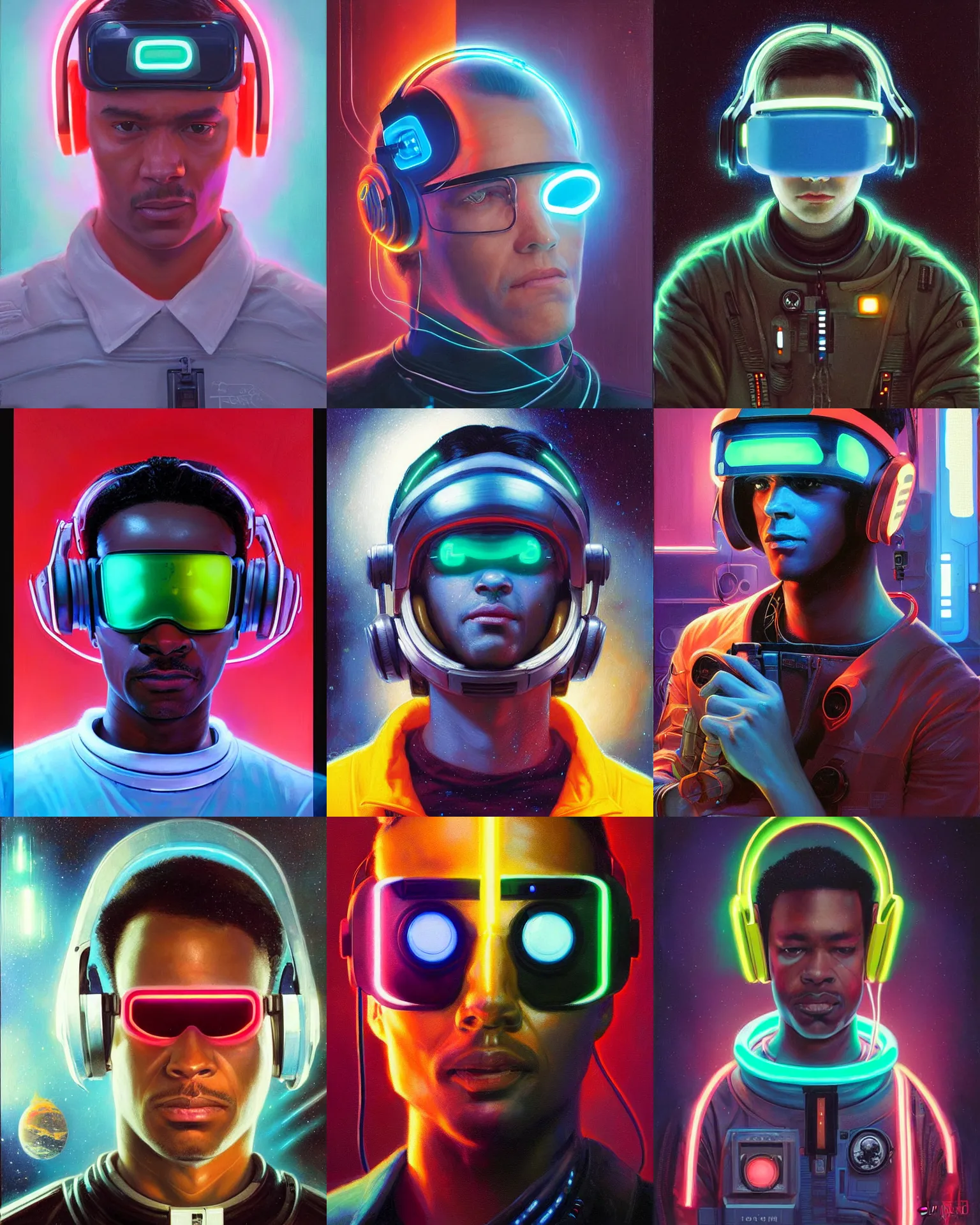 Prompt: neon cyberpunk programmer with glowing geordi visor over eyes and sleek headphones headshot desaturated portrait painting by donato giancola, dean cornwall, rhads, tom whalen, conrad roset astronaut fashion photography