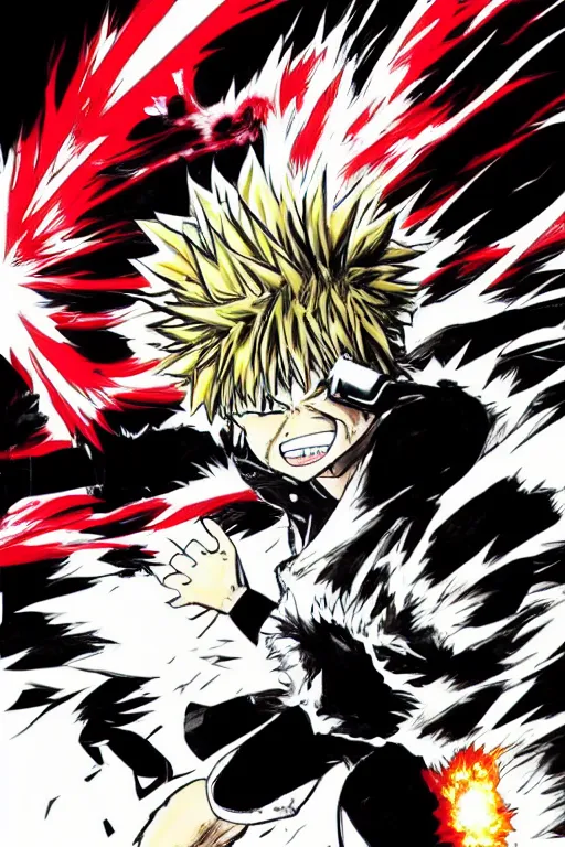 Image similar to a manga panel of bakugo katsuki with an explosion behind him, by kohei horikoshi