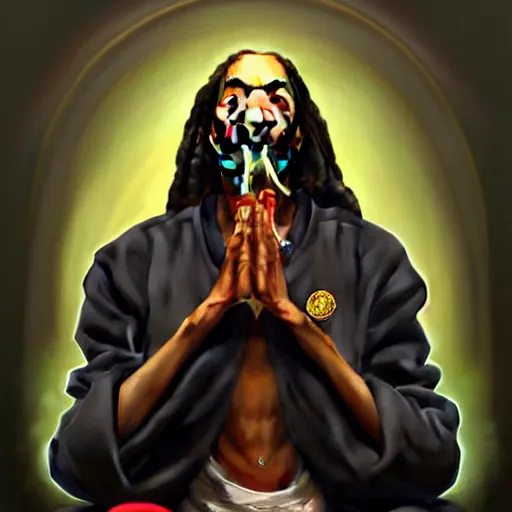 Image similar to intense portrait of the snoop dog meditating in lotus position while smoking a joint, intricate, elegant, highly detailed, my rendition, digital painting, artstation, concept art, smooth, sharp focus, illustration, art by artgerm and greg rutkowski and alphonse mucha