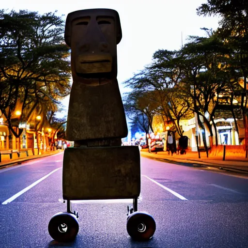 Image similar to a moai roller skating on the street, set at night