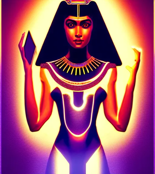 Image similar to symmetry!! egyptian goddess of technology, solid cube of light, hard edges, product render retro - futuristic poster scifi, lasers and neon circuits, brown skin beautiful egyptian goddess, intricate, elegant, highly detailed, digital painting, artstation, concept art, smooth, sharp focus, illustration, dreamlike, art by artgerm