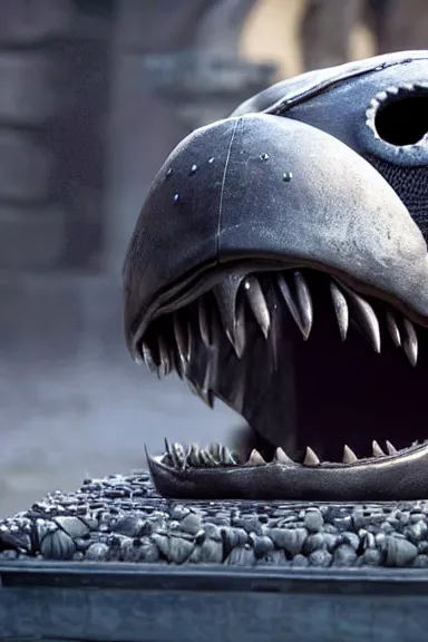 Image similar to very very intricate photorealistic photo of a chain chomp in an episode of game of thrones, photo is in focus with detailed atmospheric lighting, award - winning details