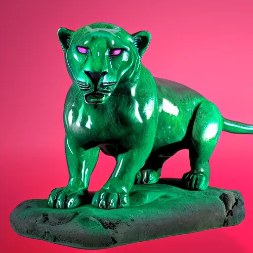 Image similar to Emerald Jaguar sculpture with glowing purple eyes