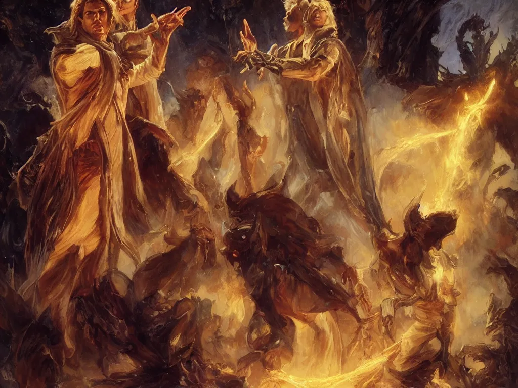 Image similar to attractive male magician casts dark spell, summoning handsome lucifer morningstar. highly detailed painting by gaston bussiere, craig mullins, j. c. leyendecker 8 k