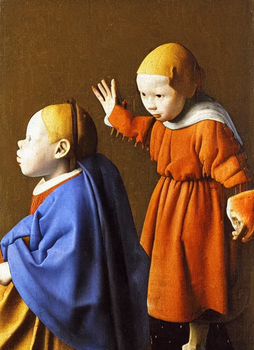 Image similar to Two little brothers look at each other, medieval painting by Jan van Eyck, Johannes Vermeer, Florence