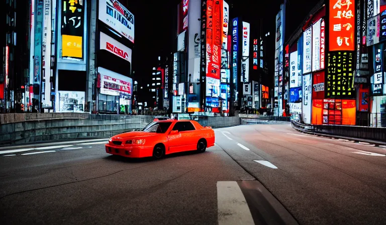 Prompt: wideshot of a nissan skyline gtr driving in tokyo at night, 4k photo, shot with sony alpha
