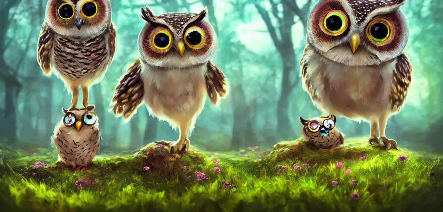 Prompt: owl magic forest, cute friendly funny owl with beauty eyes sitting in grass flowers, in the style of craola, shallow depth of field, highly detailed, digital painting, trending artstation, concept art, illustration, cinematic lighting, vibrant colors, photorealism, epic, octane render