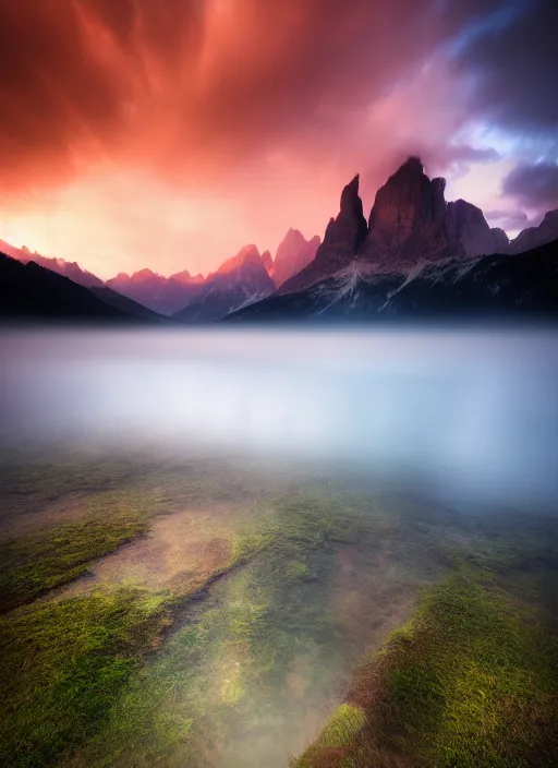 Prompt: beautiful landscape photography by marc adamus, dolomites, a lake, mist, reflections,, sunset, dramatic sky