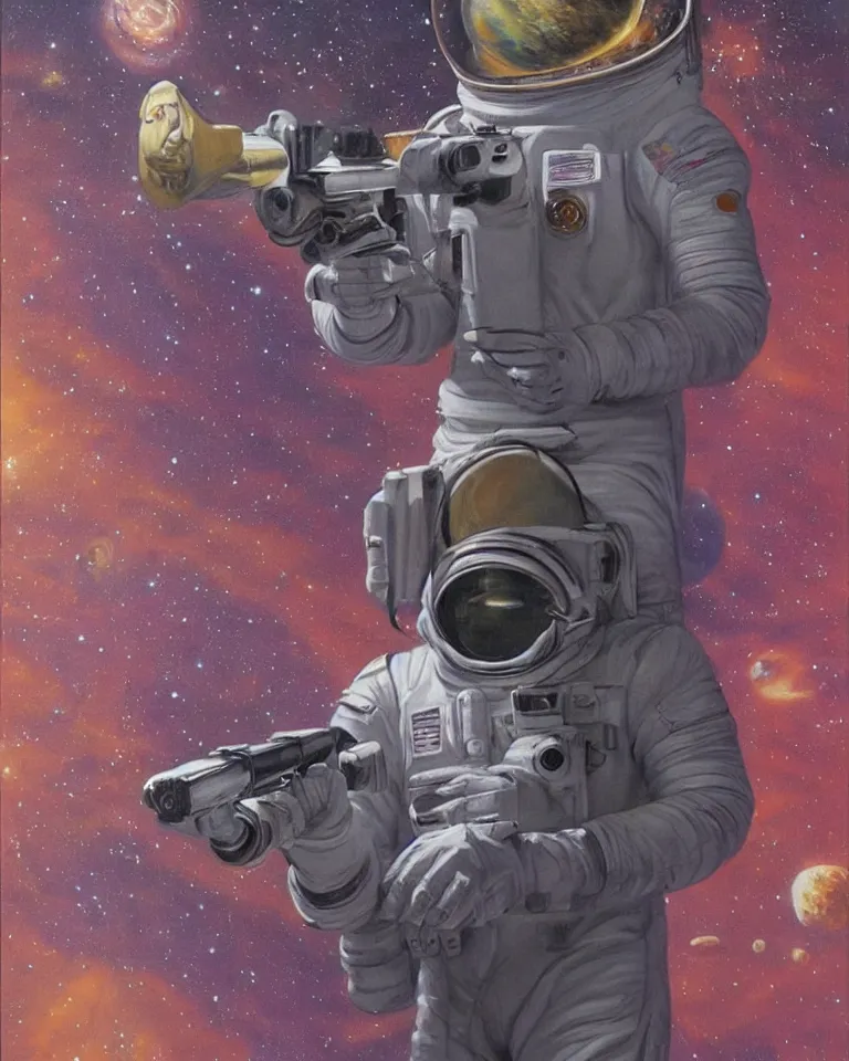 Image similar to a painting of a spaceman holding a rifle, concept art by barclay shaw, featured on deviantart, space art, concept art, sci - fi, cosmic horror