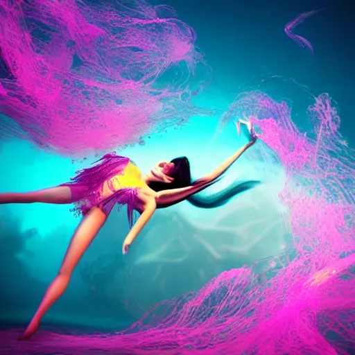 Image similar to beautiful woman with gorgeous eyes and high cheekbones dancing underwater wearing a flowing dress made of blue, magenta, and yellow seaweed, delicate coral sea bottom, swirling silver fish, swirling smoke shapes, octane render, caustics lighting from above, cinematic, hyperdetailed