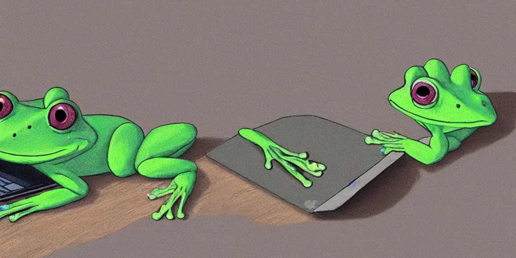 Image similar to peepo the frog lying on his bed with a laptop, crying as his heart breaks after reading an announcement on discord, sad lo-fi vibes, dramatic