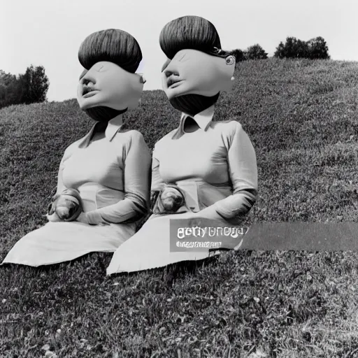 Image similar to two middle aged woman with inflatable heads on top of their heads, wearing dresses, in the hillside, 1976 French film, archival footage, technicolor film expired film live-action, 16mm