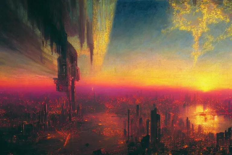 Image similar to Aerial shot of a cyberpunk city at sunset by Turner and Thomas Cole, Impressionism, Romanticism, neon lights, hyper detailed