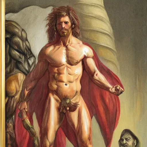 Image similar to a hot muscular cambian demon man in a great hall, portrait, realistic painting