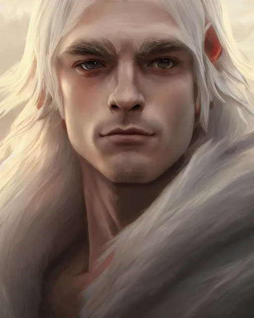 Image similar to portrait, beautiful male elf, long wavy white hair, super detailed, light black armor with silver accenting, silver jewelry, fur lined cape, 8 k, filmic, octane render, sunlight, clouds, artstation, greg rutkowski, rossdraws, william bouguereau, sharp focus