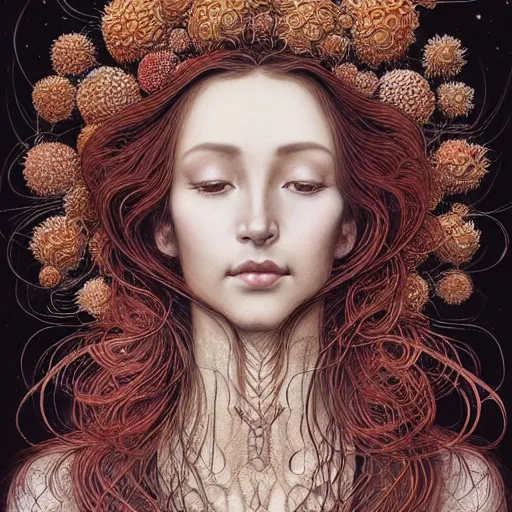 Prompt: facial portrait of a young pretty woman in flowing dress, arrogant, mysterious, long fine flowing hair, delicate, looking at camera, slightly awkward smile, realistic face, no hands visible, intricate, stylish, elegant, grimdark fantasy, vibrant, extremely detailed painting by Ernst Haeckel and Greg Rutkowski and Harumi Hironaka