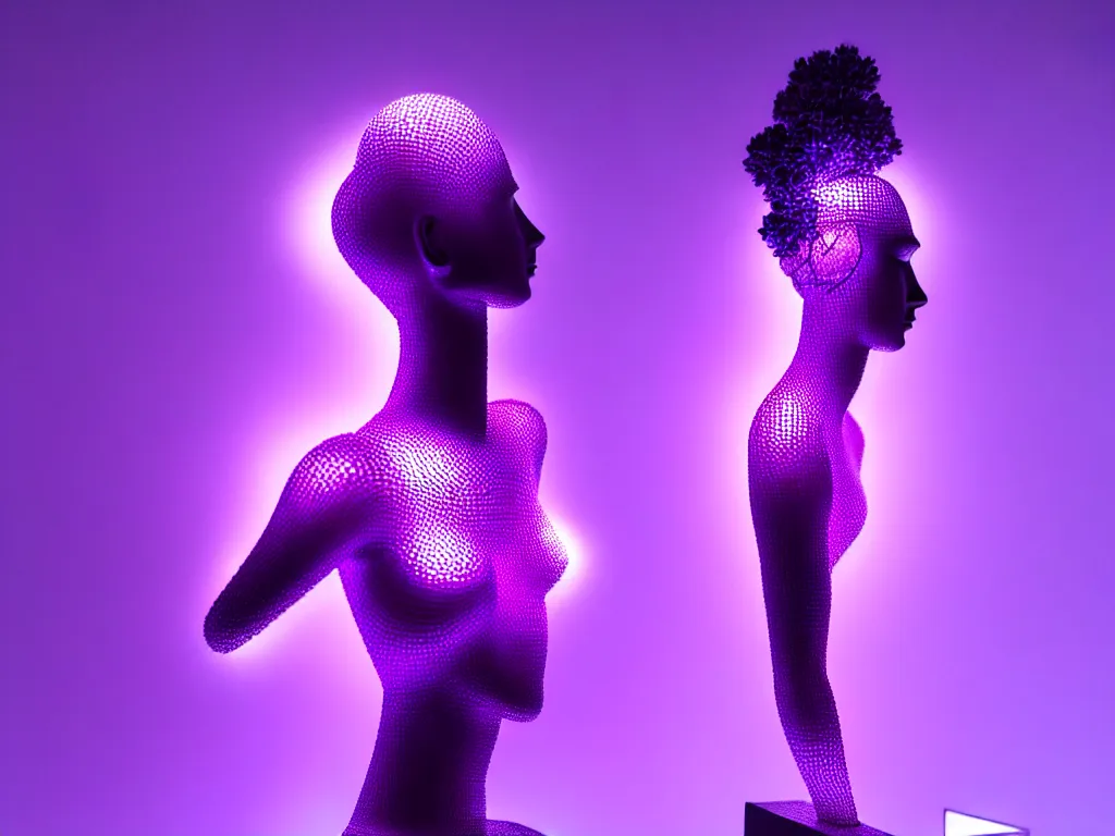 Image similar to beautiful mannequin sculpted out of amethyst by billelis + lit with purple 3 d geometric neon + chrome geometric cubed bonsai plants!!!!, doorway opening with neon pink geometric light, clean linework, dramatic, finely detailed, rule of thirds, moody, confident, award winning, 4 k, trending on artstation, photorealistic, volumetric lighting, octane render