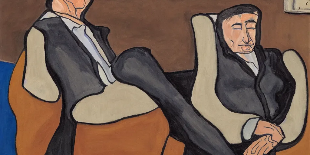 Prompt: a depressed men leans back in a recliner, super detailed, by alice neel, oil on canvas.