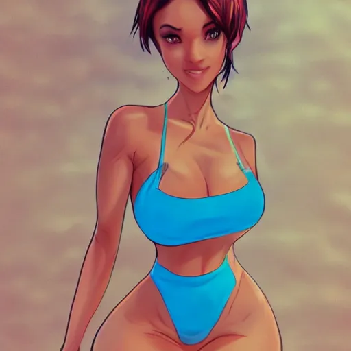 Prompt: zirconia in a bikini on the beach drawn by artgerm