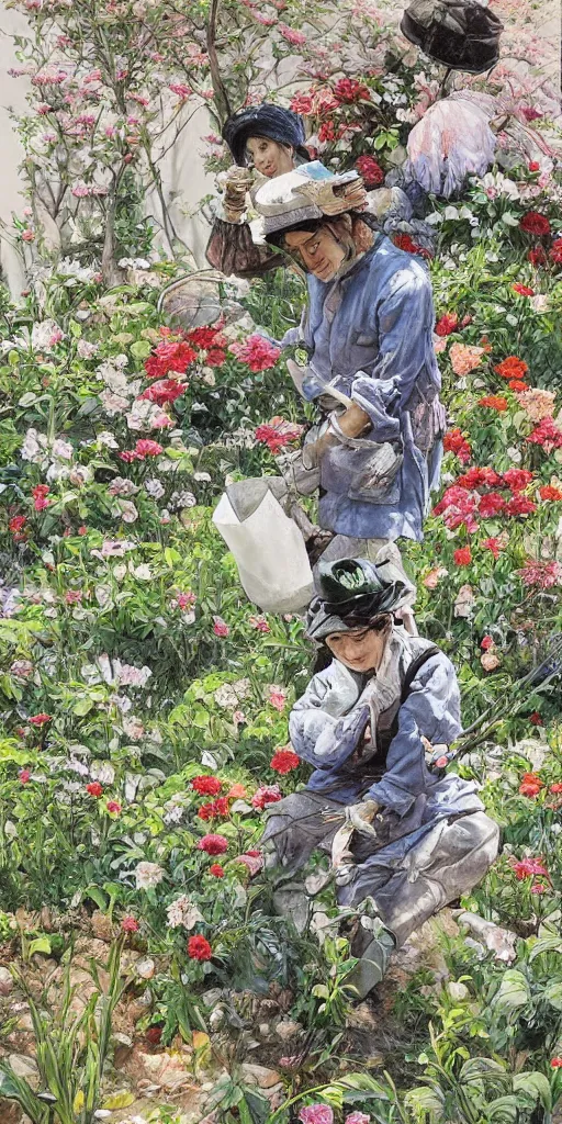 Image similar to oil painting scene from gardeners in the flower garden by kim jung gi