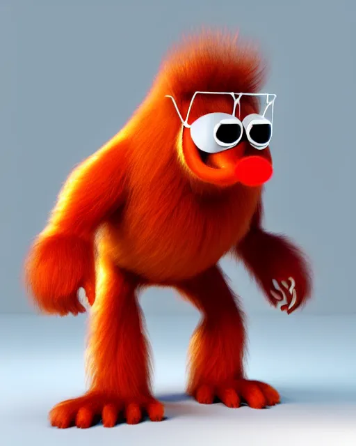 Prompt: 3 d render of completely red hairy friendly antropomorphic creature wearing chrome shades, no nose, small smile, full body, standing on 2 feet, in the style of pixar, white background, unreal engine 5, octane render, highly detailed hdr