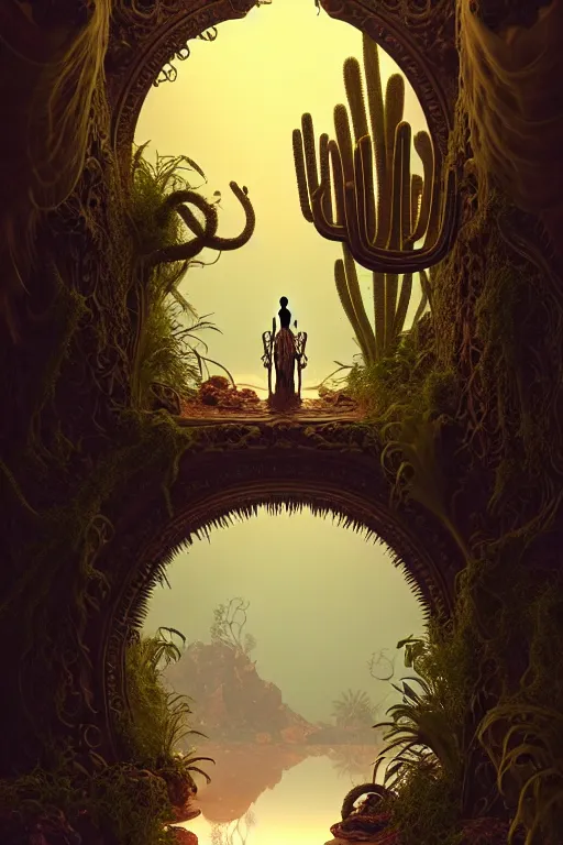 Image similar to ornate doorway leading to a dead god in a desert lush vegetation, warm tones, night, water reflection : : by michal karcz, daniel merriam, victo ngai and guillermo del toro : : ornate, dynamic, particulate, intricate, elegant, highly detailed, centered, artstation, smooth, sharp focus, octane render, 3 d