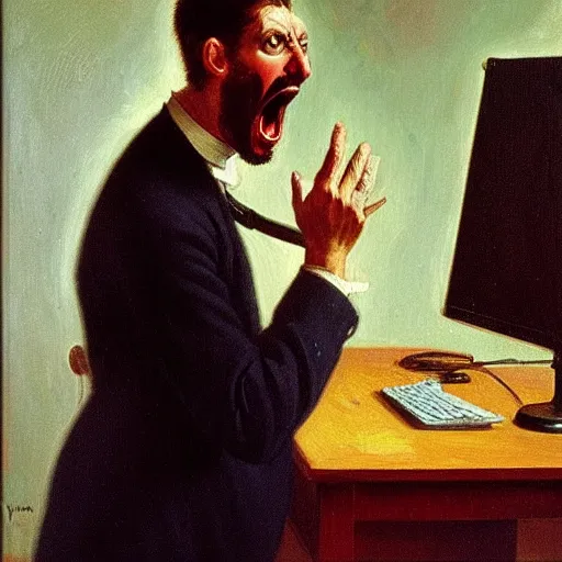 Image similar to an angry man yells at his computer monitor, oil on canvas, 1 9 0 1