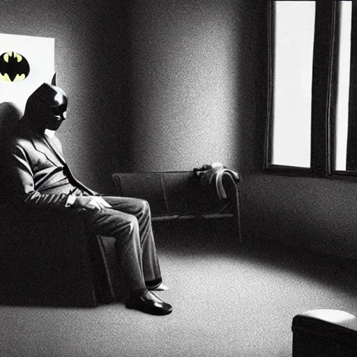 Image similar to a picture of batman sitting in a therapists office, 4 k, ultra detailed, luminist style, by m c escher