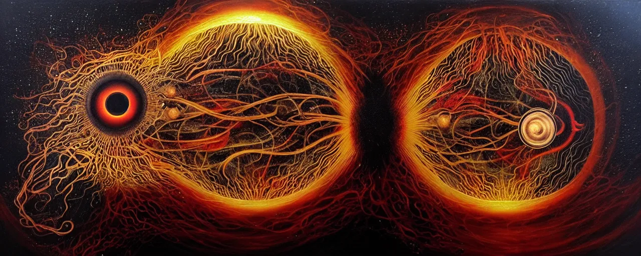 Prompt: a strange fire creature with endearing eyes radiates a unique canto'as above so below'while being ignited by the spirit of haeckel and robert fludd, breakthrough is iminent, glory be to the magic within, in honor of saturn, dark detailed oil painting by ronny khalil