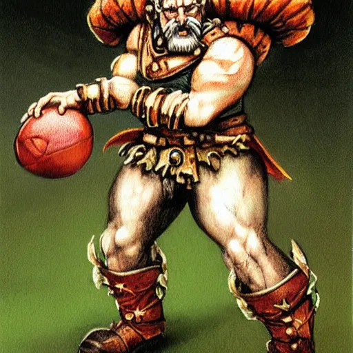 Image similar to Warhammer fantasy dwarf holding a football, by John blanche