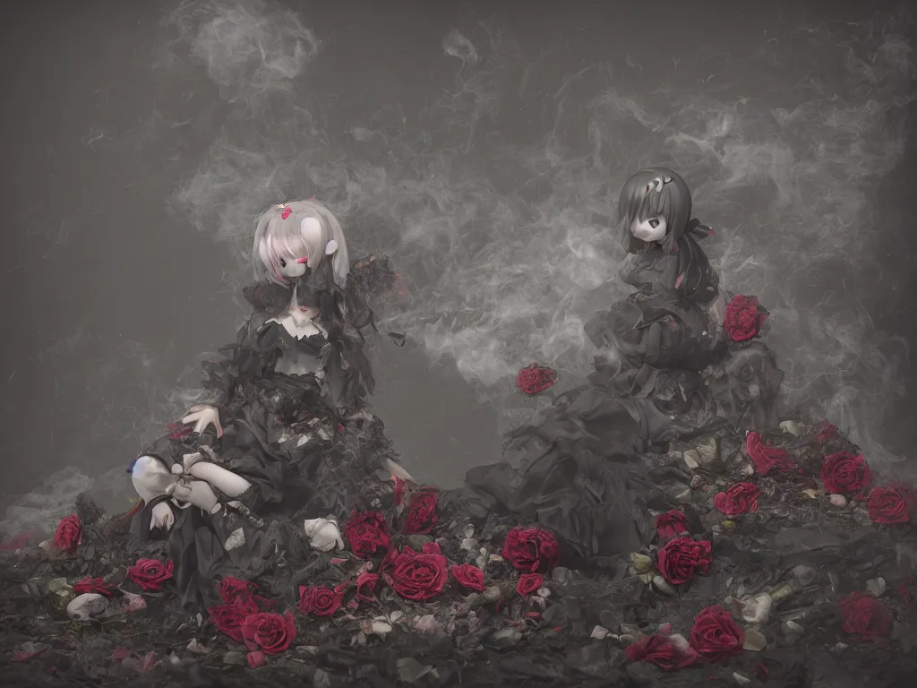 Image similar to cute fumo plush of a gothic maiden girl clutching lots of decayed roses, stale twilight, swirling vortices of emissive smoke and volumetric fog over the river, bokeh, vignette, vray