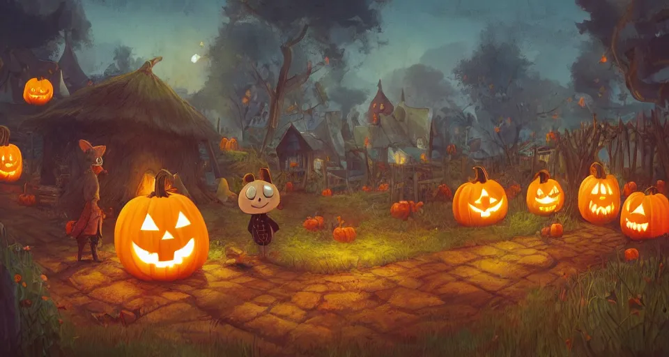 Image similar to animals living in a pumpkin patch village, rustic, story book, over the garden wall, beautiful, highly detailed, artstation, soft lighting,